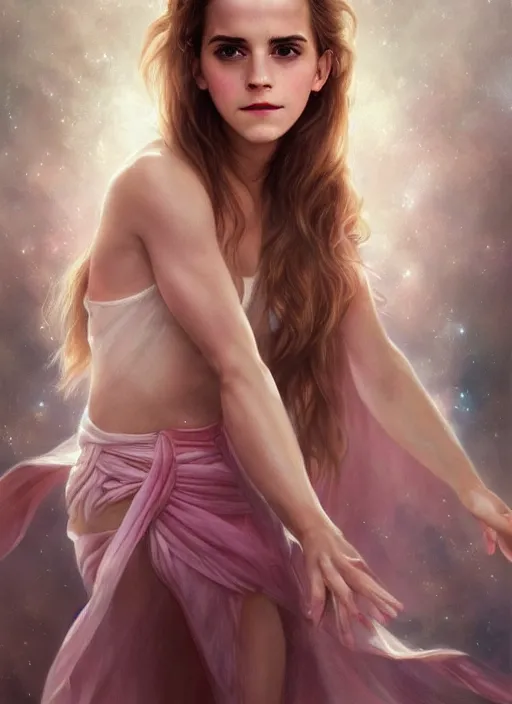 Image similar to emma watson as nature magic celestial, bottom up pose, long hair, soft pink and white transparent cloth, space, D&D, shiny background, intricate, elegant, highly detailed, digital painting, artstation, concept art, smooth, sharp focus, illustration, artgerm, bouguereau