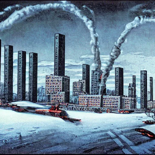 Prompt: battle of stalingrad in edmonton alberta, yeg, yeg, bibliotank, brutalism architecture, in winter, cold war, in the style of kelly freas, cityscape,