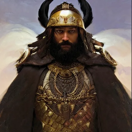 Image similar to pale, beautiful black-haired Viking lord wih sharp features, wearing a gilded black scale armor in the shape of art deco feathers and an arrogant heroic expression, by Greg Rutkowski, Brom, and Alphonse Mucha