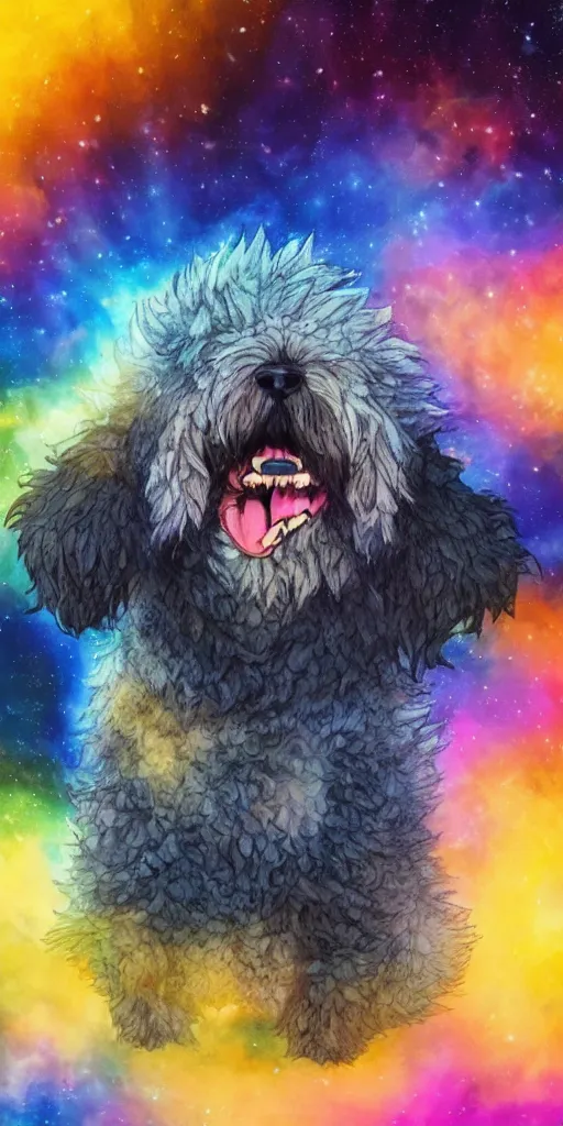 Image similar to a bernedoodle going super saiyan, studio ghibli lighting, very cute, art of the year, best art award, 8 k