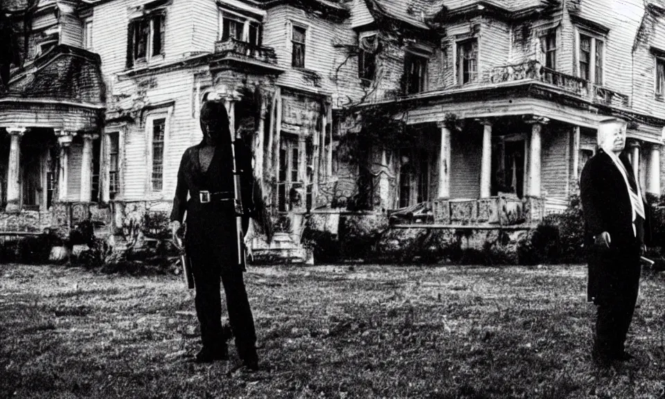 Image similar to 35mm film still, Resident evil, Donald trump in front of mansion, zombie, spooky, horror, old, dirty, reversal film stock