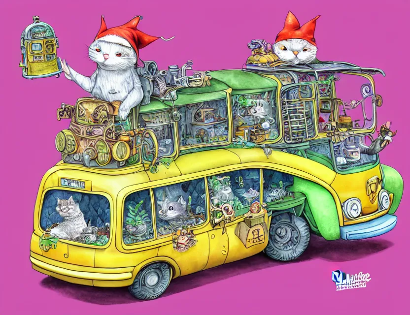 Image similar to cute and funny, a garden gnome driving a steampunk bus, a cat on the roof holding on, ratfink style by ed roth, centered award winning watercolor pen illustration, isometric illustration by chihiro iwasaki, edited by range murata, tiny details by artgerm and watercolor girl, sharply focused