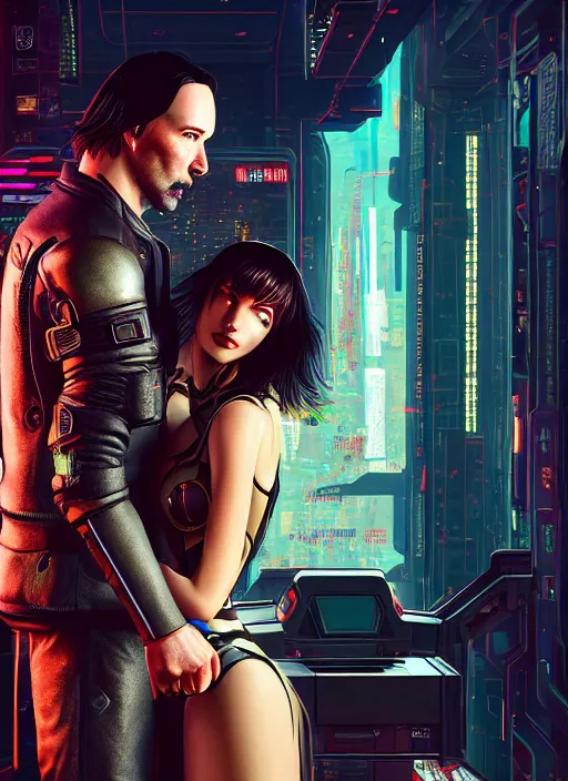 Image similar to a cyberpunk 2077 srcreenshot couple portrait of Keanu Reeves & female android in final kiss,love,film lighting,by Laurie Greasley,Lawrence Alma-Tadema,Dan Mumford,artstation,deviantart,FAN ART,full of color,Digital painting,face enhance,highly detailed,8K,octane,golden ratio,cinematic lighting