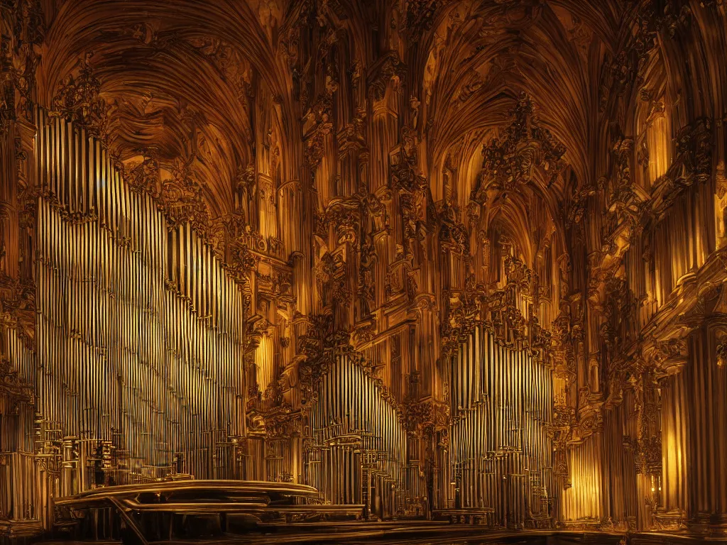 Image similar to hyper realistic photo of a million pipe organ interior volumetric lights designed by alan lee and caravaggio