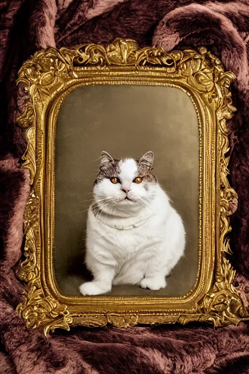 Image similar to a magnificent tintype portrait of a fluffy fat cat on an embroidered velvet cushion on a neo - rococo gilded little bed with precious stones, balls of yarn, by david lachapelle, photorealistic, photography, wide shot