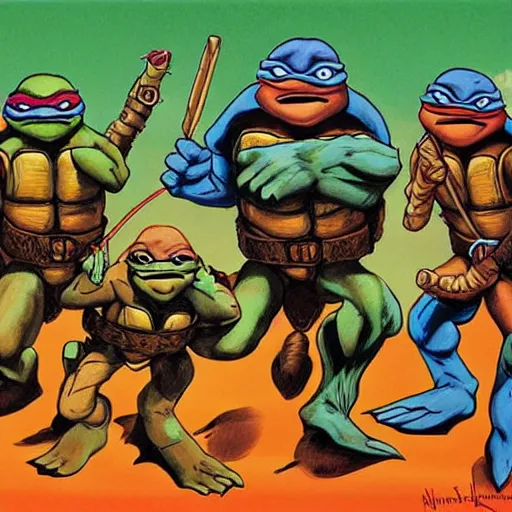 Prompt: teenage mutant ninja turtles, on a beach, style of Salvador dali