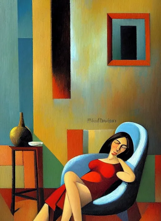 Prompt: figurative oil painting of a woman relaxing in her cosy home, art by didier lourenco, spanish modernism style, patterned background, balanced and aesthetically pleasing natural colors