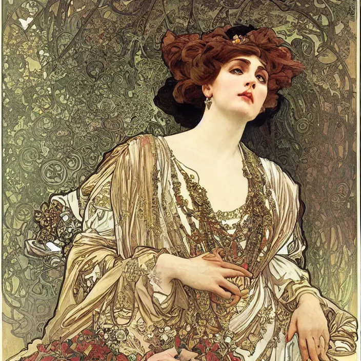 Image similar to longing look of a woman, portrait, highly detailed, bourgeoise, extremely opulent, ornate art, pompous, ornamental, richly detailed, digital art by alphonse mucha, ivan shishkin, adolph menzel, carvaggio