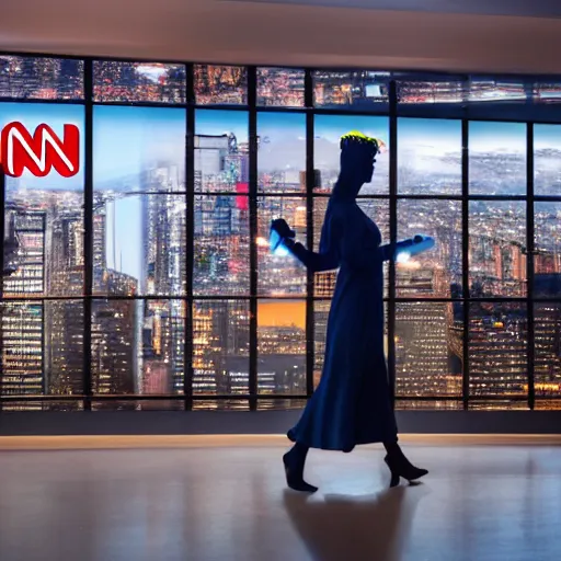 Prompt: michelangelo woman carrying torch at cnn headquarters with stormy lighting and clouds in the background 4 k hdr