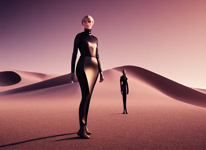 Image similar to futuristic dress for the dessert, dune style, fashion design, xf iq 4, 1 5 0 mp, 5 0 mm, iso 2 0 0, 1 / 1 6 0 s, realistic, natural light, octane render, adobe lightroom, rule of thirds, symmetrical balance, depth layering, polarizing filter, sense of depth, ai enhanced