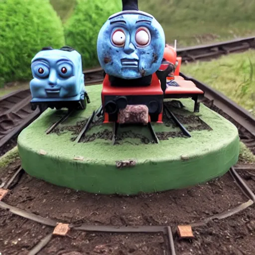 Image similar to zombie apocalypse thomas the tank engine clay sculpture, ominous, monster, spikes