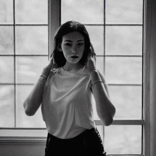 Image similar to black and white fashion photograph highly detailed portrait of a depressed beautiful 30 years old model woman standing by the window, natural light, rain, mist, lomo, fashion photography, film grain, soft vignette, sigma 85mm f/1.4 1/10 sec shutter