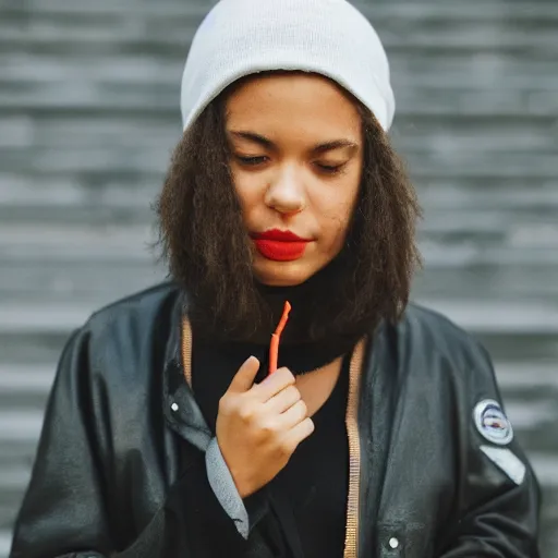 Image similar to Photograph of a mixed woman smoking, wearing a black beanie and black bomber jacket, urban environment, depth of field, 4k, 8k, hd, award-winning, sigma 85mm f/1.4, close up