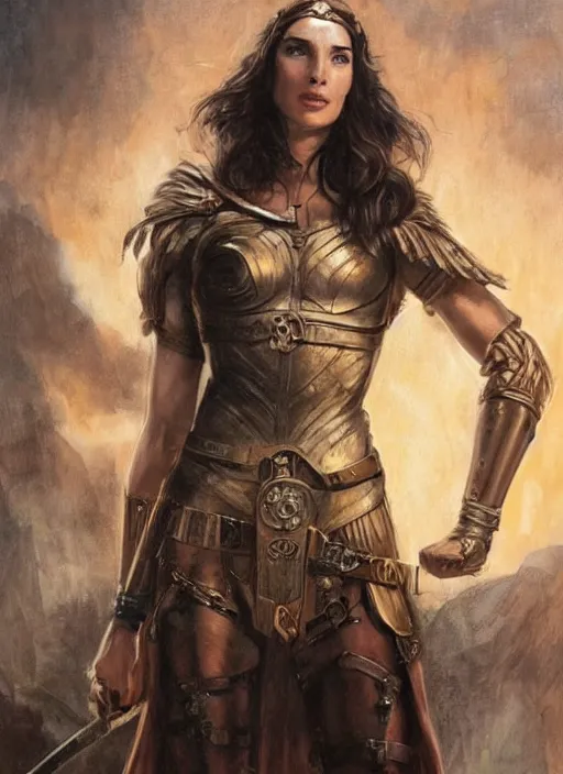 Image similar to highly detailed steampunk gal gadot as a blond standing, iron age : leonardo da vinci, greg rutkowski, magali villeneuve