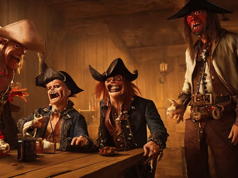 Image similar to A pirate and a goblin negotiate a contract with a vampire in a western saloon, 8k ultra realistic, detailed, intricate, full of colour, cinematic lighting, trending on artstation, 4k, hyperrealistic, focused, extreme details, unreal engine 5, cinematic, masterpiece