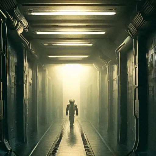 Image similar to xenomorph walking through a tight corridor in the movie alien, exposed tubes, mysterious atmospheric lighting, matte painting, intricate, iridescent, volumetric lighting, beautiful, rich deep colours masterpiece, fog golden hour, golden ratio, sharp focus, ultra detailed, by leesha hannigan, ross tran, thierry doizon, kai carpenter, ignacio fernandez rios