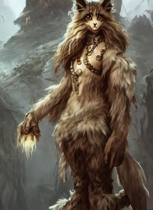 Image similar to stone maine coon, anthropomorphic large maine coon, dnd bipedal golem character, golem coon, aware. stone cat. dnd character concept, dnd digital painting, dnd artstation, dnd concept art, smooth, super sharp focus, illustration, art by artgerm and h r giger and alphonse mucha. epic fantasy illustration for dnd character