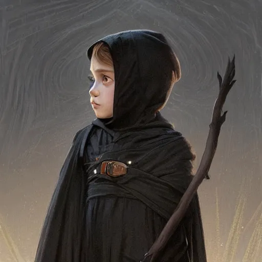 Image similar to perfectly - centered - portrait of a kid wearing black cloak holding stick, intricate, highly detailed, digital painting, artstation, concept art, smooth, sharp focus, illustration, unreal engine 5, 8 k, art by artgerm and greg rutkowski and alphonse mucha