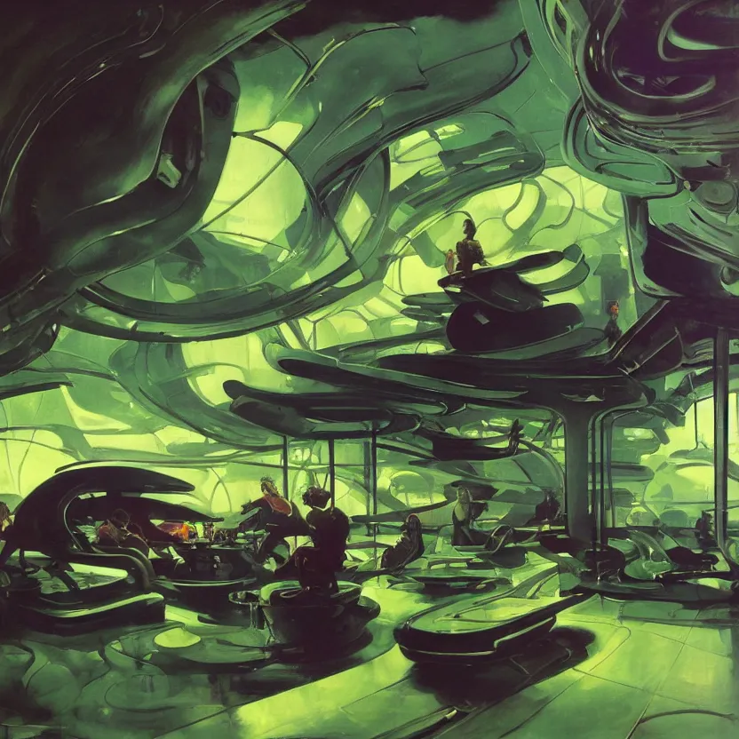 Image similar to a futuristic organic lounge with deep green and purple hues. billowing clouds. highly detailed science fiction painting by norman rockwell, frank frazetta, and syd mead. rich colors, high contrast, gloomy atmosphere, dark background. trending on artstation.