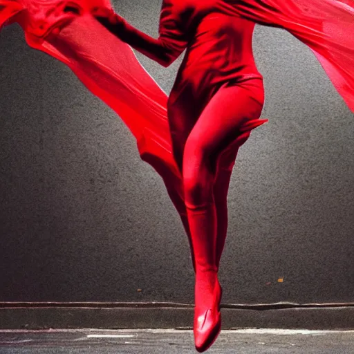 Prompt: the scarlet witch levitating, red light, human version, hyper realistic