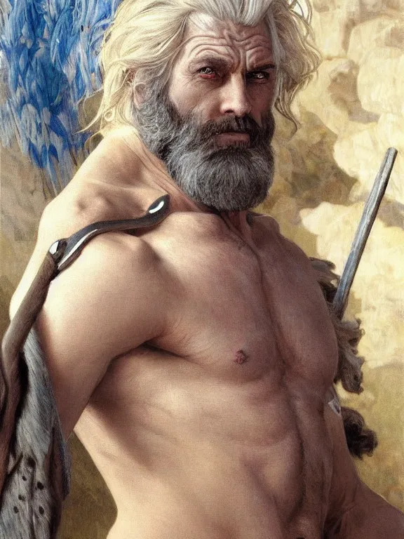 Image similar to painted portrait of rugged odin, god of death, norse god, white hair, masculine, mature, handsome, upper body, blue and silver, muscular, hairy torso, fantasy, intricate, muscular, elegant, highly detailed, digital painting, artstation, concept art, smooth, sharp focus, illustration, art by gaston bussiere and alphonse mucha