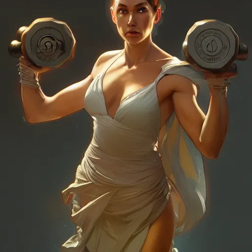 Prompt: Dumbbell, box art, highly detailed, digital painting, artstation, concept art, smooth, sharp focus, illustration, art by artgerm and greg rutkowski and alphonse mucha