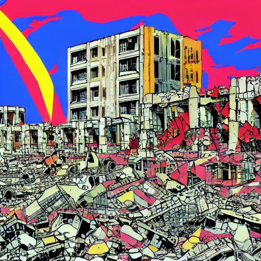 Image similar to The Stalingrad ruins | Colorfull pop art | art by Hirohiko Araki | Hirohiko Araki | Anime wallpaper | funky | colorful | cityscape | destroyed buildings | Stalingrad ruins | digital art