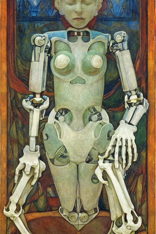 Image similar to the robot wearing her bone crown stands by the window , by Annie Swynnerton and Diego Rivera and Elihu Vedder, symbolist, dramatic lighting, elaborate geometric ornament, Art Brut, soft blues and greens,smooth, sharp focus, extremely detailed, Adolf Wölfli, octane render