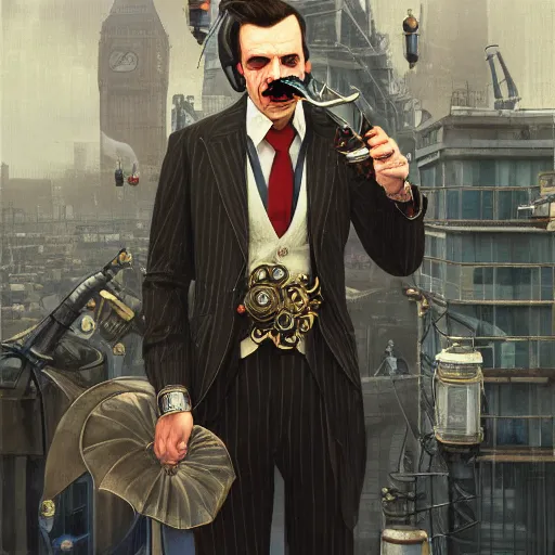 Image similar to [UHD Professor Moriarty as a GTA villain on on a London rooftop in futuristic steampunk London, correct faces, intricate, elegant, graphic detail, digital painting, trending on artstation, concept art, tonalism, sharp focus, illustration, art by Annie Leibowitz and Greg Rutkowski and Alphonse Mucha]