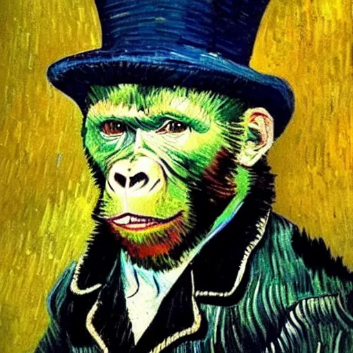 Image similar to a van gogh painting of a gorilla wearing a top hat, 4 k, hyper realistic, dslr, landscape, high resolution