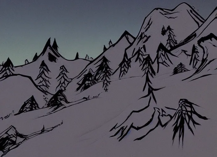 Prompt: stark minimalist charred wooded snowdrift landscape by bill watterson from mulan ( 1 9 9 8 )
