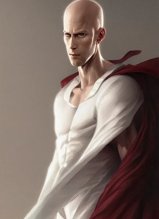 Image similar to ultra realistic illustration, handsome saitama. white cape, intricate, elegant, highly detailed, digital painting, artstation, concept art, smooth, sharp focus, illustration, art by artgerm and greg rutkowski and alphonse mucha and wlop