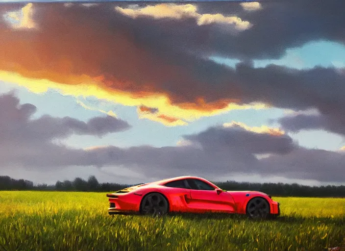 Image similar to cinematic fast sportscar that has front of porsche and back of lada in a lush field, shiny, oil on canvas, beautiful lighting, photorealistic, sharp, sunset, by scott robertson