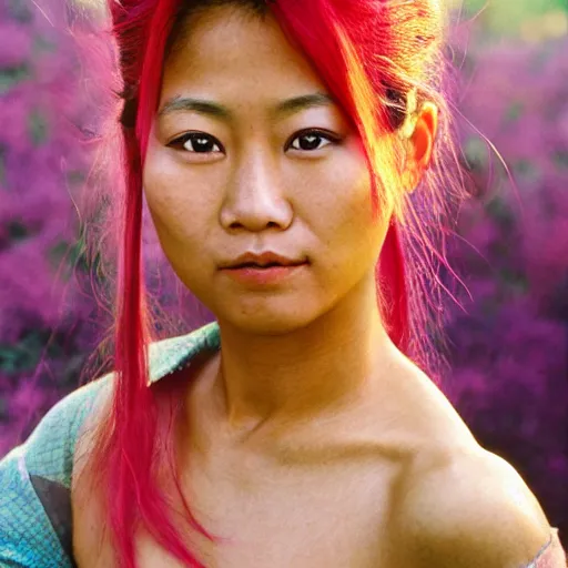 Image similar to a beautiful asian woman with pink hair and tan skin, portrait photograph, nikon 3 5 mm, photograph by annie leibovitz and steve mccurry,