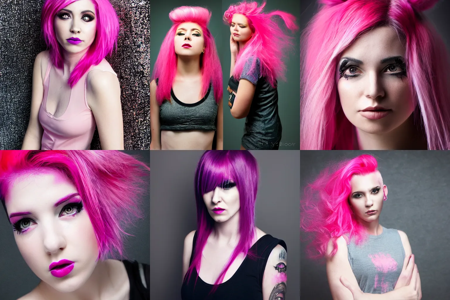 Image similar to beautiful woman with pink-dyed hair wearing alternative clothing, 8k, portrait