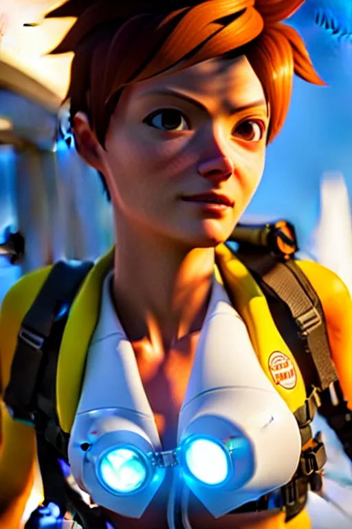 Image similar to realistic still of tracer, amazing details 8 k beautiful