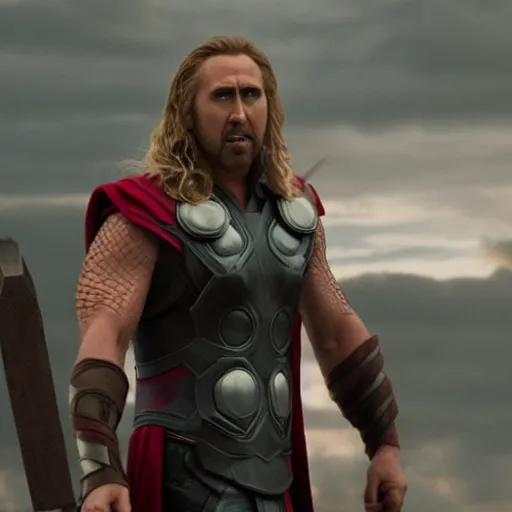 Image similar to film still of Nic Cage as Thor in Avengers Endgame