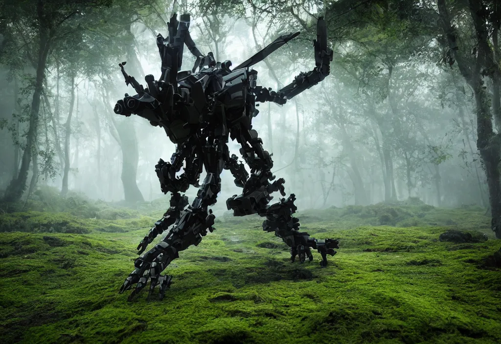 Image similar to quadruped tiger shaped mech, with black synthetic muscles, sinew, clean, simple plastic components, minimalist, product design, modern, in a colourful mossy humid jungle, weta workshop, cinematic, realistic, stylised, unreal engine, hyper realistic, octane render, fog, god rays, bloom,