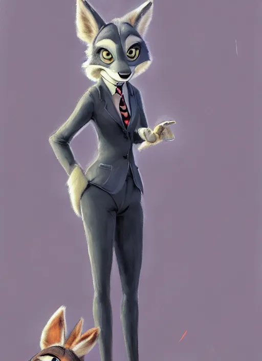 Image similar to oil painting of detailed full body of anthromorphic female wolf, in style of zootopia, zootopia, zootopia, fursona, furry, furaffinity, 4 k, deviantart, furry art, fursona art, wearing black business suit, business suit, in style of zootopia, wolf fursona, cyberpunk, female, expressive detailed feminine face,