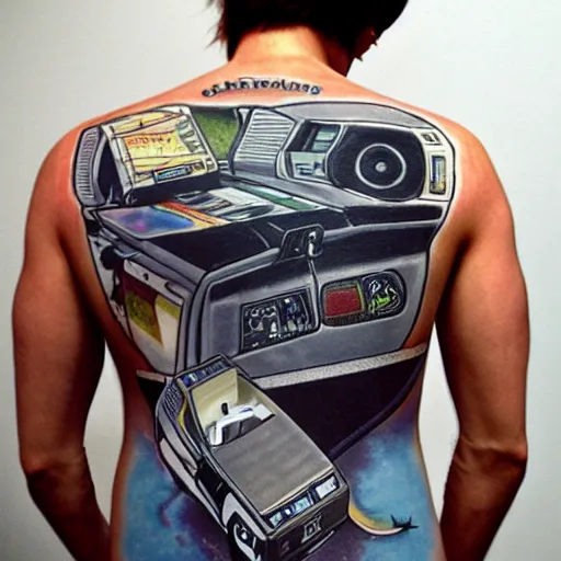 Image similar to a tatoo of delorean from back to the future,