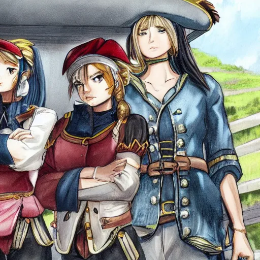 Prompt: two beautiful female pirate captains standing face to face with their crew in the back, detailed anime art