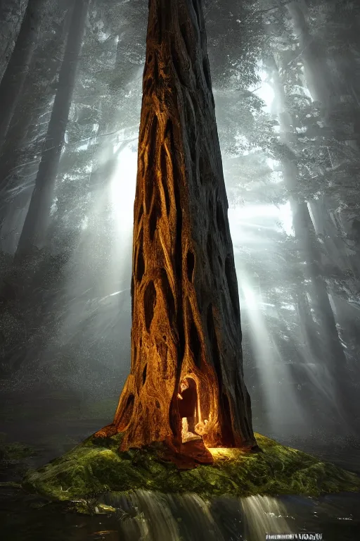 Image similar to In some of the column carved with Norse gods there is a huge glowing redwood, light filtering through the gaps in the leaves, Sparkling in the flowing creek, Tyndall effect, hone finished, concept art, fantasy, unreal engine, octane render, cinematic shot, 8K, hyper detailed, crepuscular ray, low angle, superwide shot, lunapunk