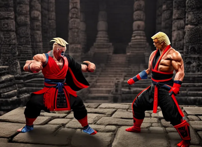 Image similar to trump fights biden in mortal kombat on the background of an ancient temple with a giant shao kahn laughing. fantasy magic style. highly detailed 8 k. intricate. lifelike. soft light. sony a 7 r iv 5 5 mm. cinematic post - processing