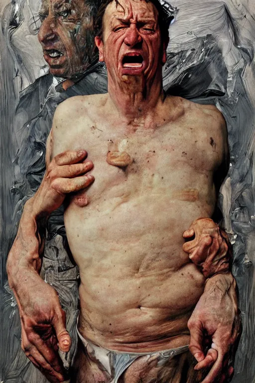 Image similar to portrait of one enraged man, part by Jenny Saville, part by Lucian Freud, part by Norman Rockwell