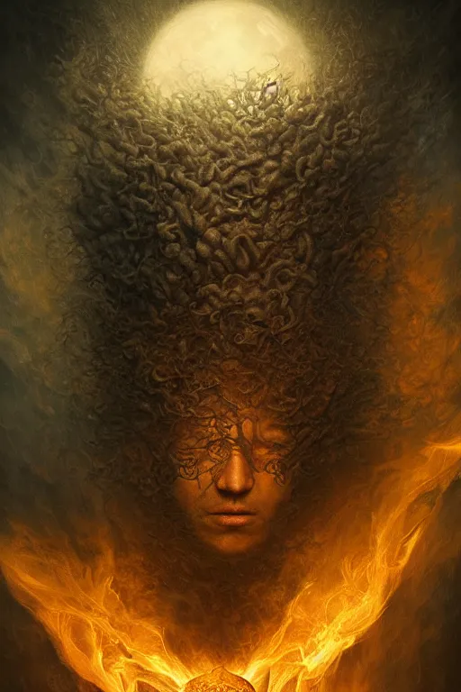 Image similar to intricate stunning highly detailed portrait of gerard quintana, digital painting by agostino arrivabene and vladimir kush, surreal, ultra realistic, horror vacui, dramatic lighting, full moon, thick black swirling smoke tornado, burning fire embers, artstation