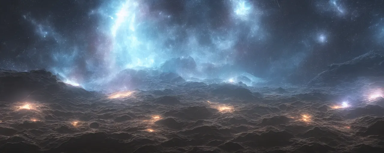 Image similar to dark galaxy, realistic lighting, dynamic lighting, space hive, octane render, houdini simulation, volumetric lighting, chiaroscuro, color - graded