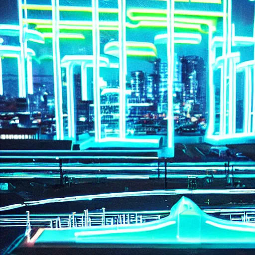 Image similar to professional 3 5 mm photograph of a futuristic city with blue neon light,