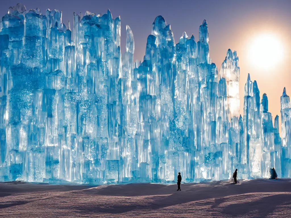 Image similar to cinestill of a huge backlit ice sculpture in the sahara desert, morning light, breathtaking, high definition photograph by national geographic