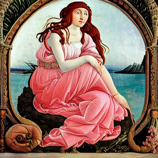 Image similar to an ultradetailed mythological oil painting of a beautiful woman with long brown hair, full body, wearing pink floral chiton, sleeping on a giant scallop shell, near the seashore, intricate lines, elegant, renaissance style, by sandro botticelli