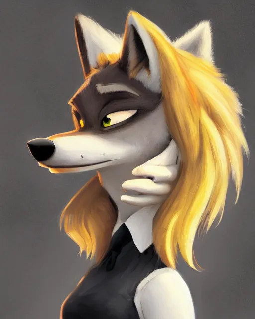 Image similar to oil painting of anthromorphic female wolf, in style of cory loftis, fursona, furry, furaffinity, 4 k, deviantart, furry art, fursona art, wearing black business suit, business suit, in style of zootopia, wolf fursona, cyberpunk, female, very very very expressive detailed feminine face,